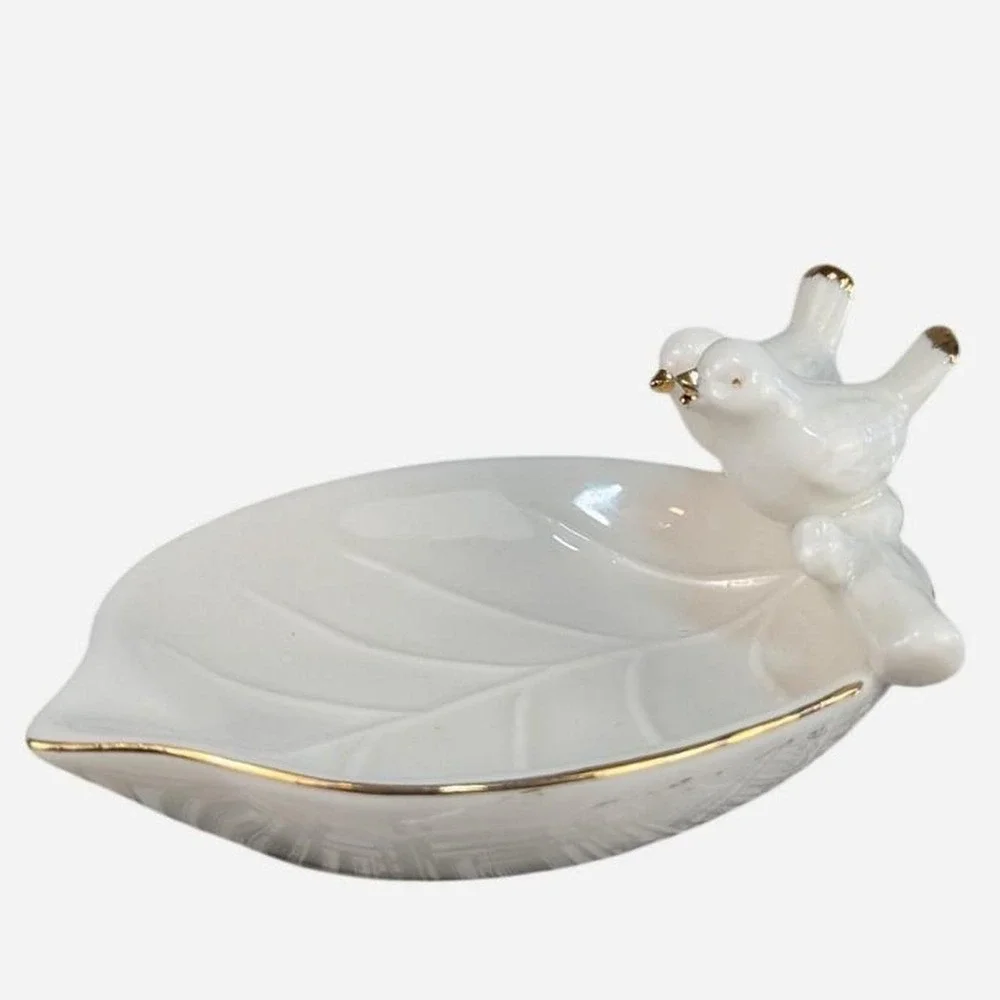 Pier 1 Imports White Ceramic Leaf Dish With Lovebirds Gold Trim